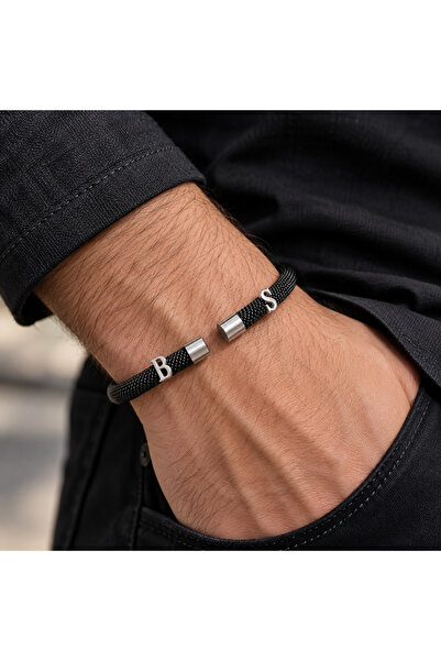 simurg jewellery Gümüş 2 Harfli Siyah Çelik Bileklik