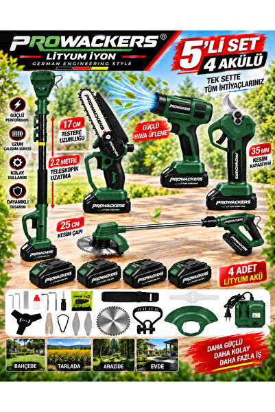 G-TEC 4X Akü Full 5 Li Bahçe Seti Bağ Makası 17 Cm Testere Hava Üfleme Çim Biçme + 2.2 MT Teleskop