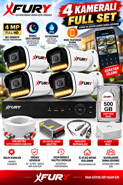 FURY 4 Kameralı AHD Güvenlik Kamera Sistemi – 500 HDD, Gece Renkli Görüntü, 6...