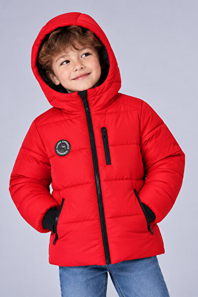 QAWWA Boy's Red Fiber Hooded Windproof Puffer Winter Jacket