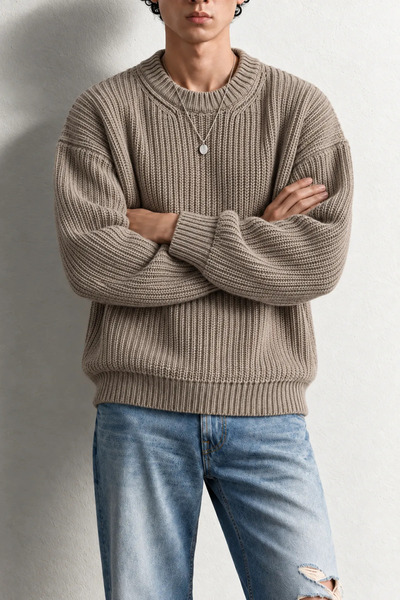 no7man Lars - Beige - Crew Neck - Oversize Fit - Cotton Men's Sweater