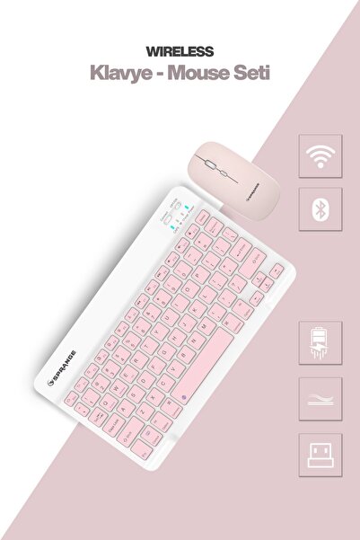 SPRANGE Tablet Ve Telefonlar İçin Bluetooth - Wireless Klavye Ve Mouse Set - Pembe