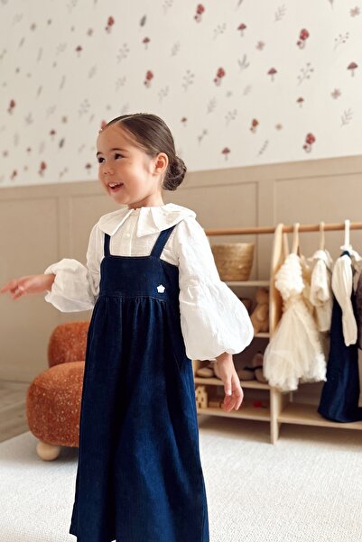 Miabanbin Balon Sleeve Shirt Denim Overalls 2-Piece Set Navy Blue