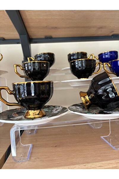 Ogeda Home 6'lı Çiçek Tabaklı Gold Detaylı Fincan Takımı , Siyah - 6 Kişilik ...