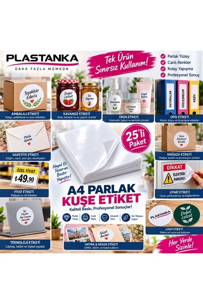 PLASTANKA A4 Parlak Kuşe Kendinden Yapışkanlı Etiket Kağıdı 25’li Paket