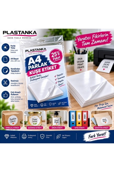 PLASTANKA A4 Parlak Kuşe Kendinden Yapışkanlı Etiket Kağıdı 25’li Paket