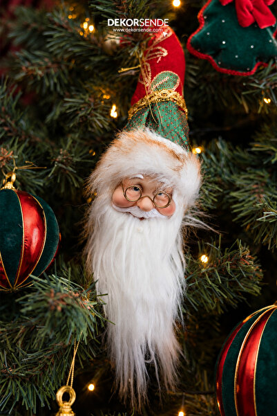 Dekorsende Yılbaşı Süsü İşlemeli Şapkalı Noel Baba Kafası Yeşil Kırmızı 45 cm
