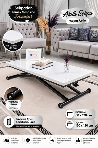 SEHPAM AKILLI Akıllı Sehpa Home Üst Tabla Mdf Beyaz Oval Köşe Alt Mekanizma S...