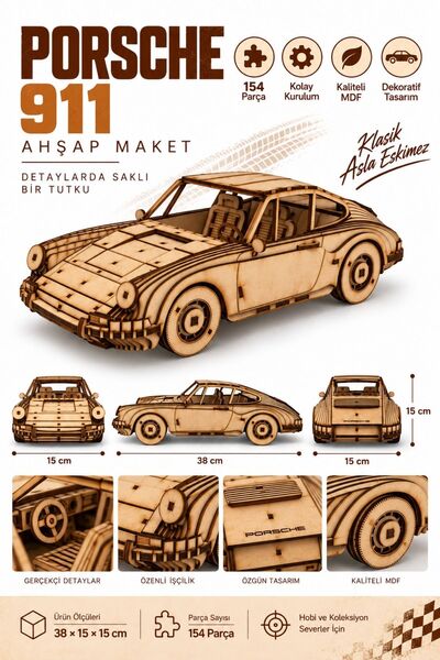 Genel Markalar 3D Ahşap Araba Maketi Porsche 911 (BJ '64) Klasik Model, Kendi...
