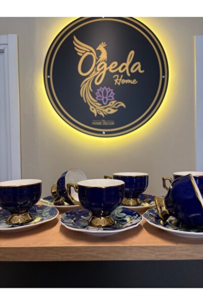 Ogeda Home 6'lı Çiçek Tabaklı Gold Detaylı Fincan Takımı , Lacivert - 6 Kişil...