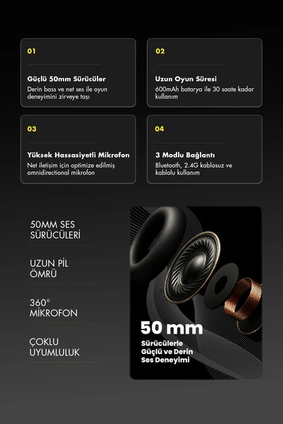 gameagle Ghost Pro (Bluetooth/2.4G/Kablolu) Profesyonel Mikrofonlu Oyuncu Kulaklığı Beyaz