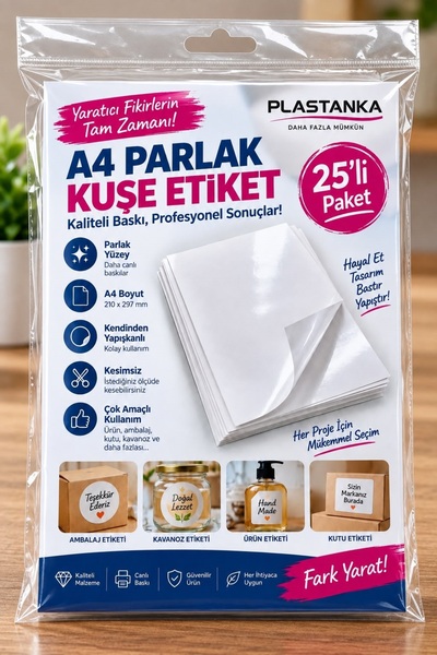 PLASTANKA A4 Parlak Kuşe Kendinden Yapışkanlı Etiket Kağıdı 25’li Paket