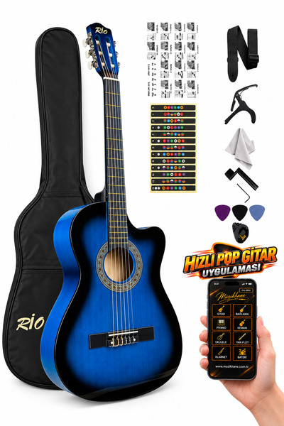 Rio Kesik Kasa Mavi Klasik Gitar 4/4 Tam Boy Kılıf Pena Sticker