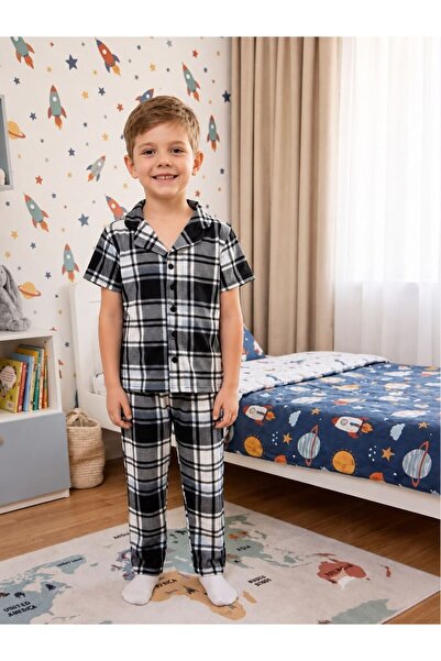 tusem butik homewear Boys Cotton Gray Plaid Pattern Shirt Collar Buttoned Sho...