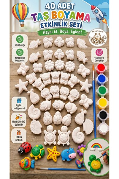MİSSEHOME 40 Adet (3D) Hayvanlar&Çiçekler Taş Boyama Figür Çocuk Gelişimi Boy...