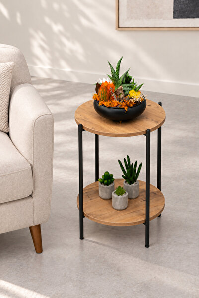 Home Sehpol Yuvarlak Tablalı İki Katlı Sehpa Q42x60 CM Antrasit - Atlantik Çam