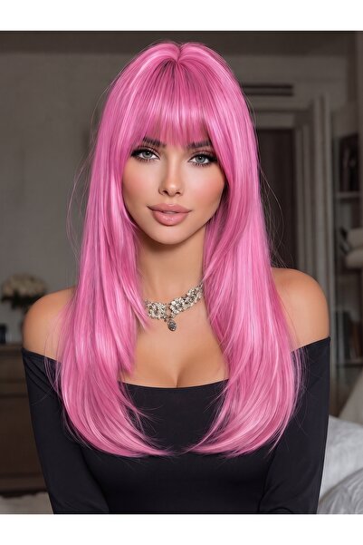 Lulu Bella Kadın Pembe Katlı Kesim Perde Perçemli Peruk - 55 cm serisi 1. Kal...