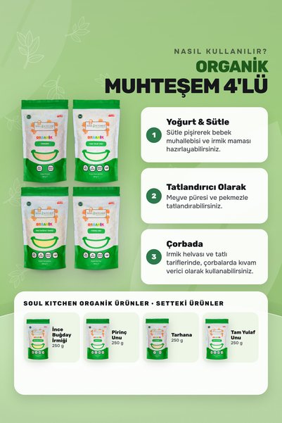 Soul Kitchen Organik Ürünler Organik İrmik, Pirinç Unu, Tarhana, Tam Yulaf Unu Ek Gıda Seti 4x250 g