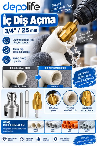 Depolife Pvc Pprc Pipe Internal and External Threading Tool 3/4\" (25mm) Groove Paso Opening Wrench Reamer Pafta