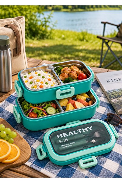 Tohana 2 Katlı 4 Bölmeli 304 Paslanmaz Çelik Yemek Kabı 1650 ml Yeşil – Alt Ü...