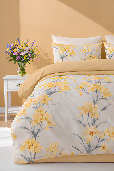 remtex Yellow Floral Patterned Double Duvet Cover Set – Modern Floral Series