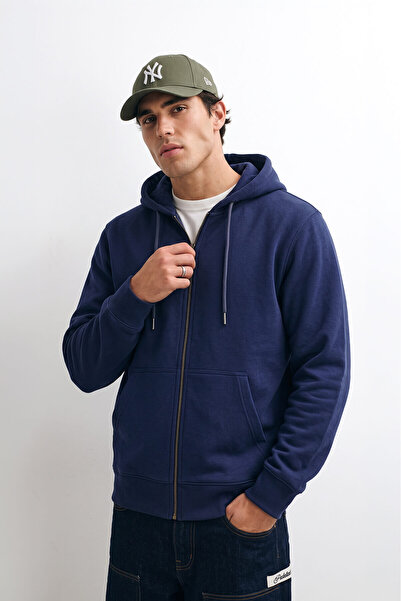 MARKAPIA Men's Zippered Hooded Indigo Sweatshirt with Pockets
