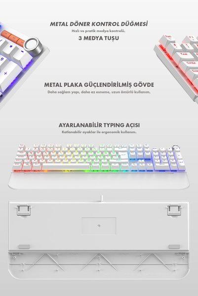 gameagle Apex Red Bilek Destekli Anti-Ghosting Ses Tekerleği Metal Mekanik Gaming Oyuncu Klavyesi Beyaz