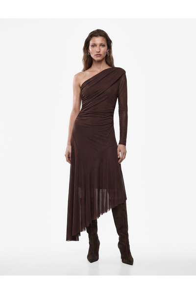Koton Asymmetrical Cut Drape Detailed Voluminous Long Sleeve One Shoulder Tul...
