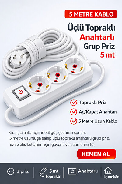 FIRSAT YOLU Üçlü Topraklı Anahtarlı Grup Priz 5 Metre