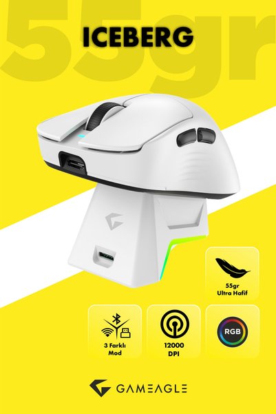 gameagle Iceberg Pixart3311 Şarjlı RGB 55gr 12800DPI [2.4Ghz-Bluetooth-Kablolu] Kablosuz Mouse Oyuncu Mouse