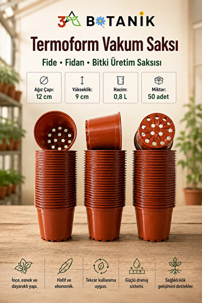 3A BOTANİK Termoform Bitki Üretim Saksısı, 12x9 cm 0,8 Litre Fide Fidan Bitki...