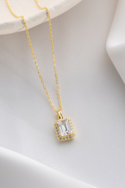 Two Arts Jewelry 925 Ayar Gümüş Dikdörtgen Kesim Taşlı Kolye