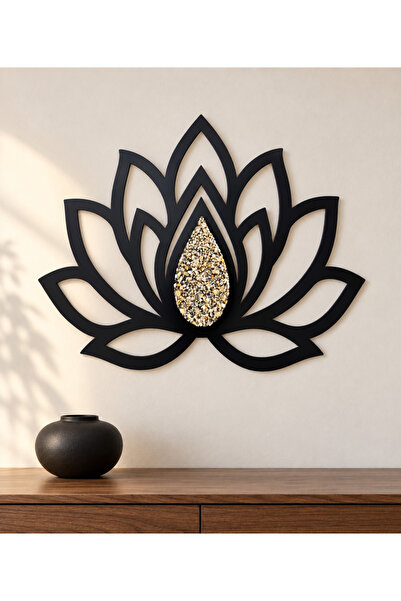 Sitrin Taşlı Metal Lotus Duvar Dekoru – Siyah Mat Metal – El Yapımı Dekoratif Tablo