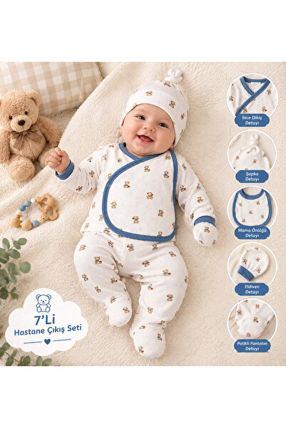 BYMURAT BABY Premium 7'li Yenidoğan Hastane Çıkış Seti Ayıcık Desenli Mavi De...