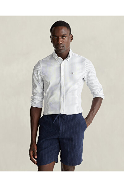 Gant Erkek Beyaz Slim Fit Çizgili Logolu Gömlek