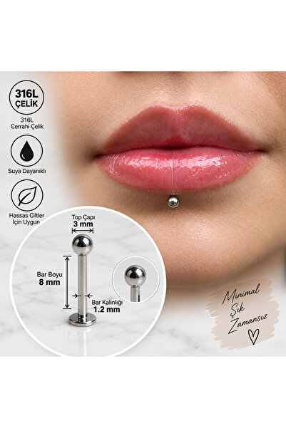 Heppii Cerrahi Çelik Ucu Toplu Dil Dudak Piercingi 8 mm Gümüş Renk