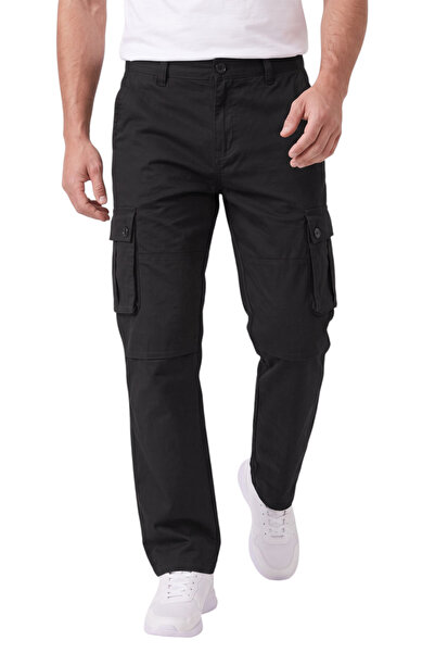 DeepSEA Erkek Relaxed Fit Bol Kesim Likralı Siyah Outdoor Kargo Pantolon – Çok Cepli Geniş Paça 1705421
