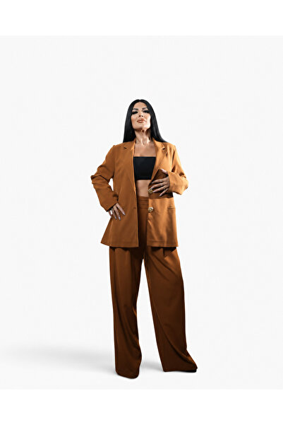 Gecce Taba Gold Düğme Detaylı Blazer Ceket Pantolon Takım
