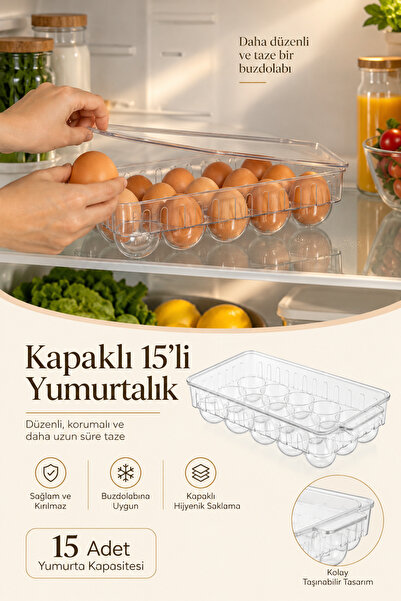 Poomy 15'li Kapasiteli Kapaklı Yumurtalık Şeffaf Buzdolabı İçi Düzenleyici Or...