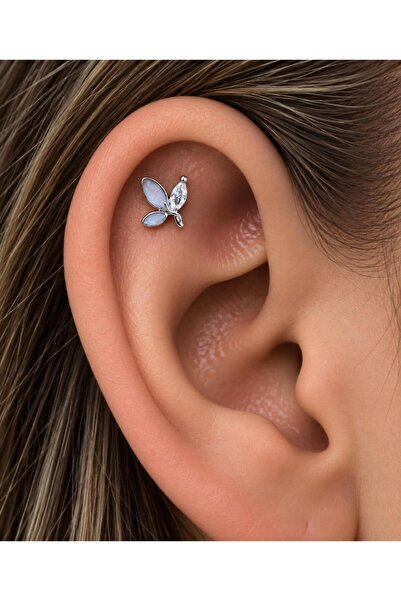 Arescollection 1 ADET SEDEF VE ZİRKON TAŞLI KELEBEK FİGÜRLÜ TRAGUS HELİX LOBE...