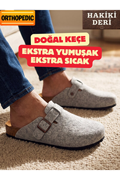 Classter Hakiki Keçe Tokalı Ortopedik Ev Terliği Hakiki Deri 9 Dokunuş Ortopedik