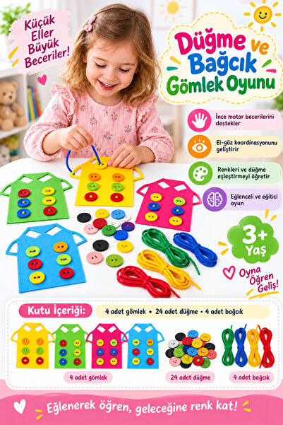 KAŞIKBEY Düğme İlikleme Öğrenme Oyunu Gömlek ve Kıyafet Giydirme Eğitici Motor Beceri Duyusal Gelişim Oyunu