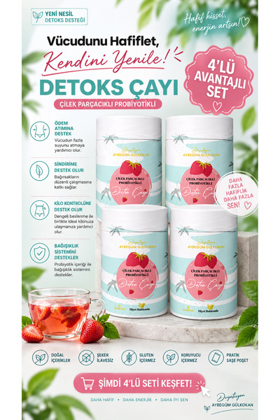 Diyet Hakkında 4 Lü Avantaj Paketi Çilekli Probiyotikli Detox Çayı 3 1dtx