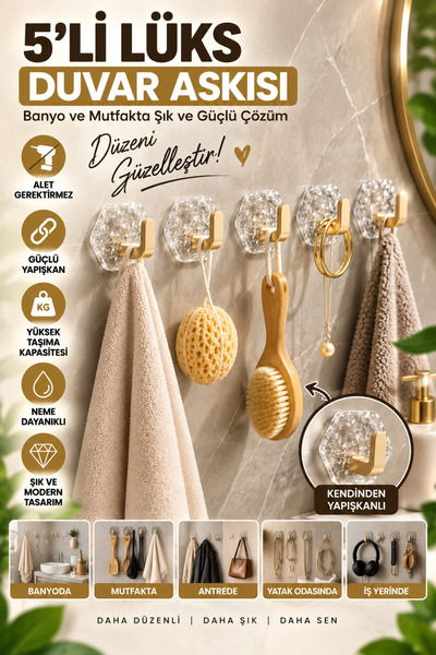 OpenCity Gold Kendinden Yapışkanlı 5'li Duvar Askısı Banyo Mutfak Havlu Askıl...