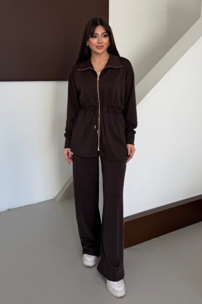 Mogi Butik Oversize Zippered Lace-Up Waist Modal Women's Suit 3184 Brown - Sp...