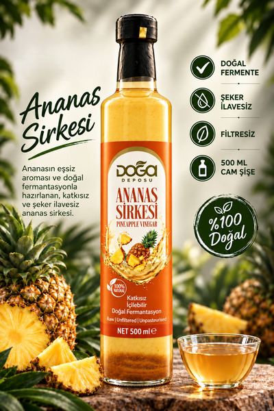 DOĞA DEPOSU Doğal Fermente Ananas Sirkesi - %100 Katkısız,500ml Cam Şişe