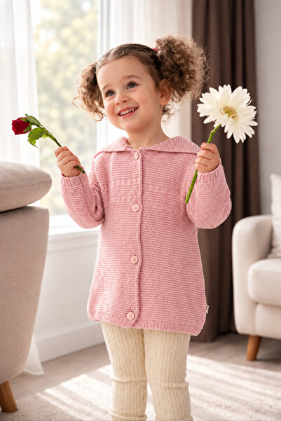 KUEZA KIDS Kız Bebek & Çocuk Simli Kapüşonlu Kulak Detaylı Triko Hırka