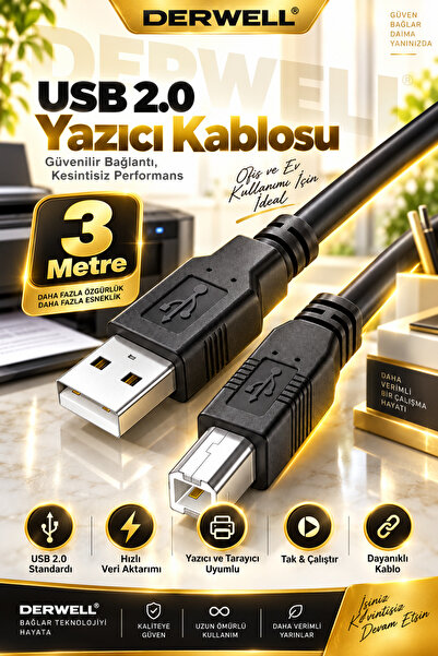 Derwell Yazıcı Kablosu Ara Printer Usb Bağlantı Bağlama Kablo Lazer Samsung H...