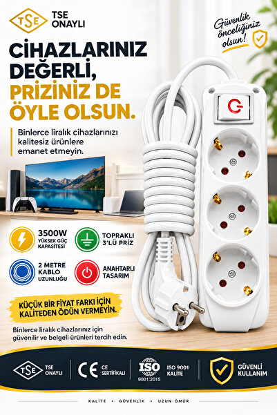bydiz 3'lü Priz Anahtarlı 2 Metre Topraklı Grup Priz 3500W Uzatma Kablosu Sey...