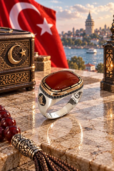 Siset Gümüş 925 Ayar Özel Tasarım Akik Taşlı Tuğra Motifli Erkek Gümüş Yüzük